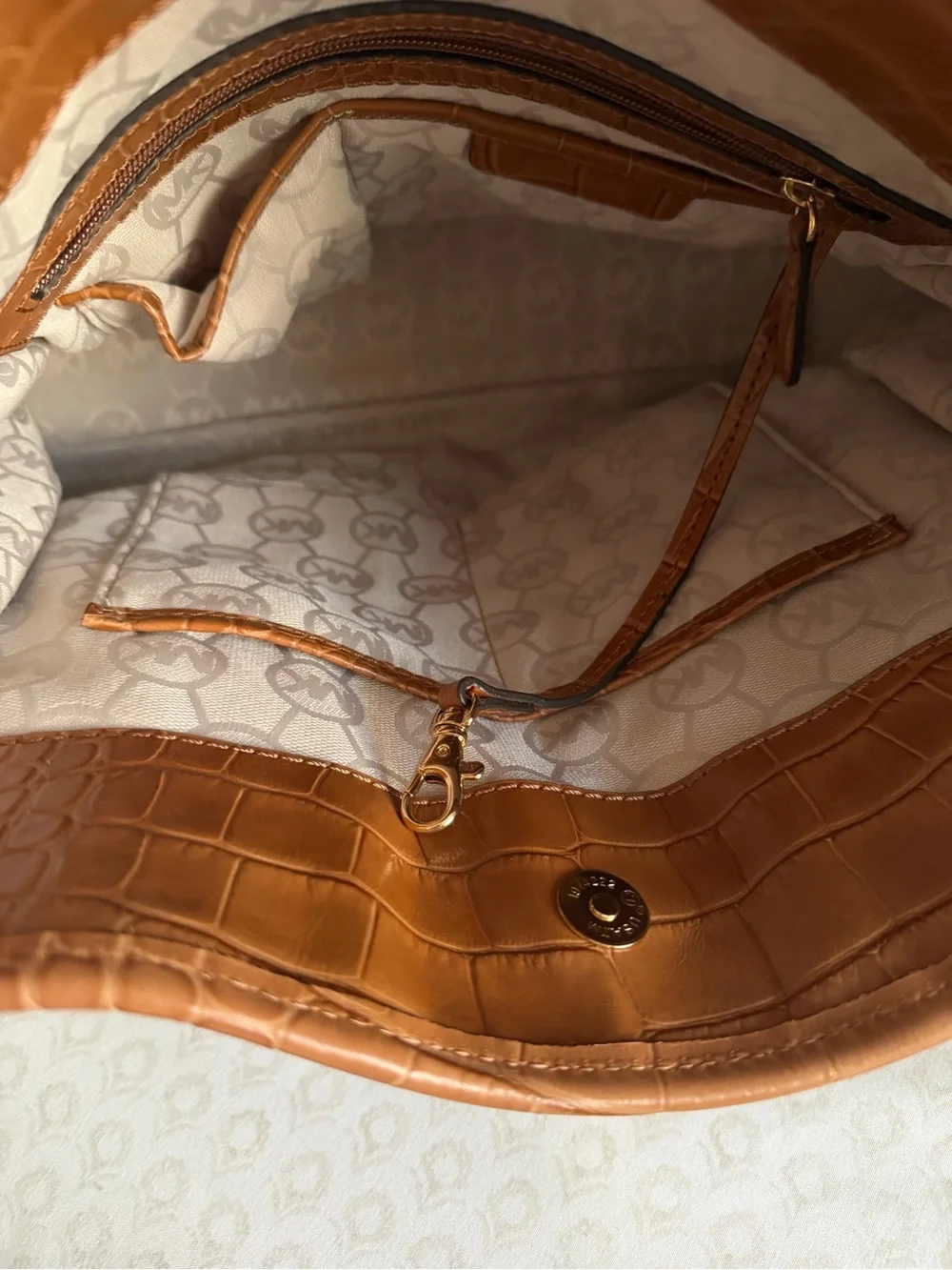 Michael Kors Hamilton Large Tote Bag Brown Croc Embossed Beige Canvas Gold MK